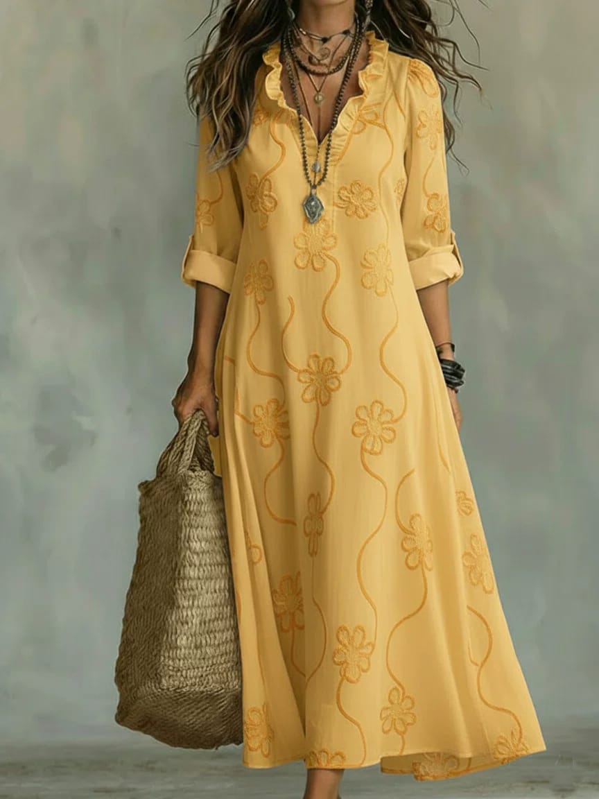 Elegant Floral Embroidered Boho Maxi Dress for Women