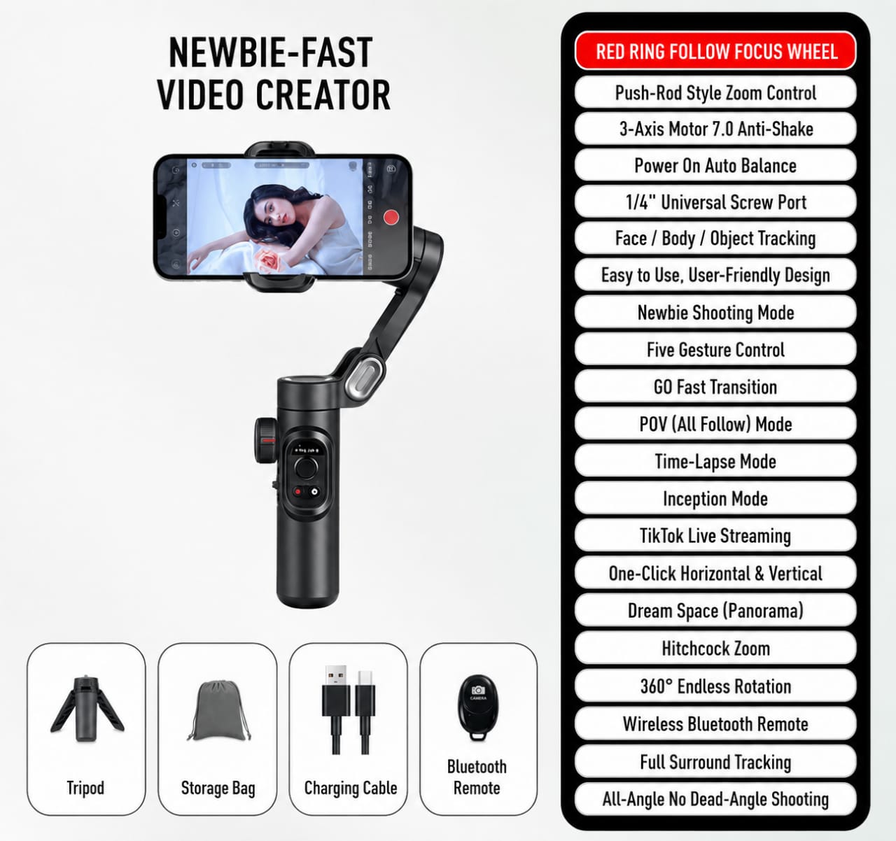 AI 3-Axis Smartphone Gimbal Stabilizer with Auto Face Tracking, Extension Pole & Tripod