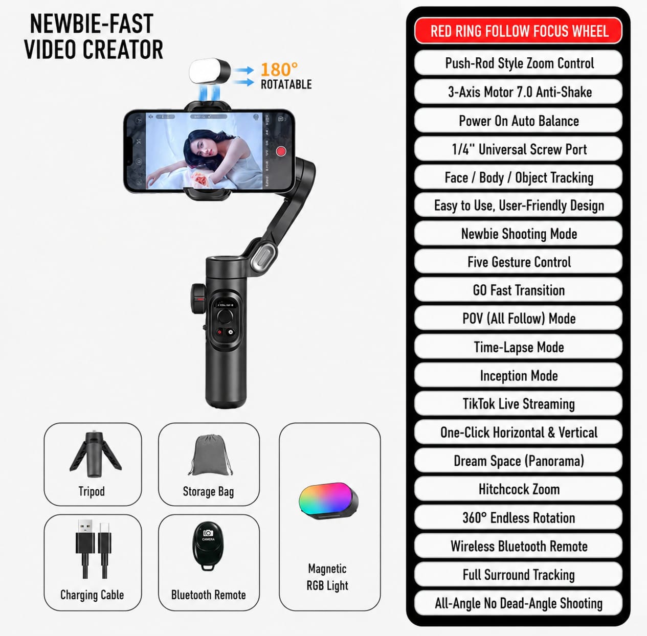 AI 3-Axis Smartphone Gimbal Stabilizer with Auto Face Tracking, Extension Pole & Tripod
