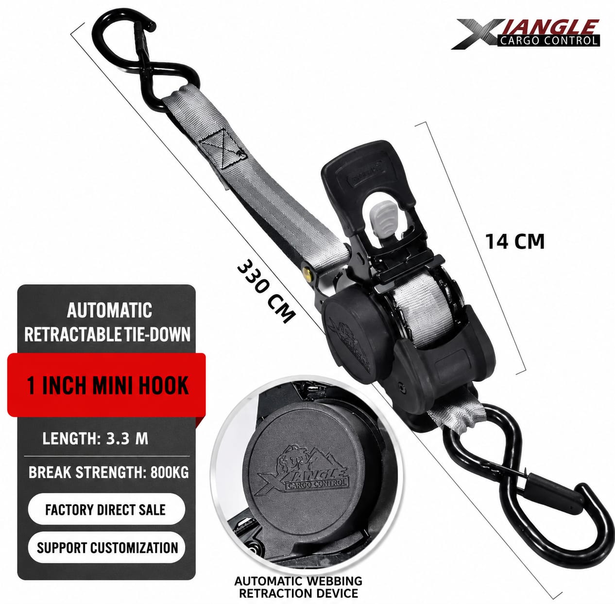 3.3M Automatic Retractable Ratchet Tie Down Straps – 800KG Heavy Duty Cargo Lashing Strap with Double S-Hooks for Motorcycle, ATV, Bicycle & Truck Cargo