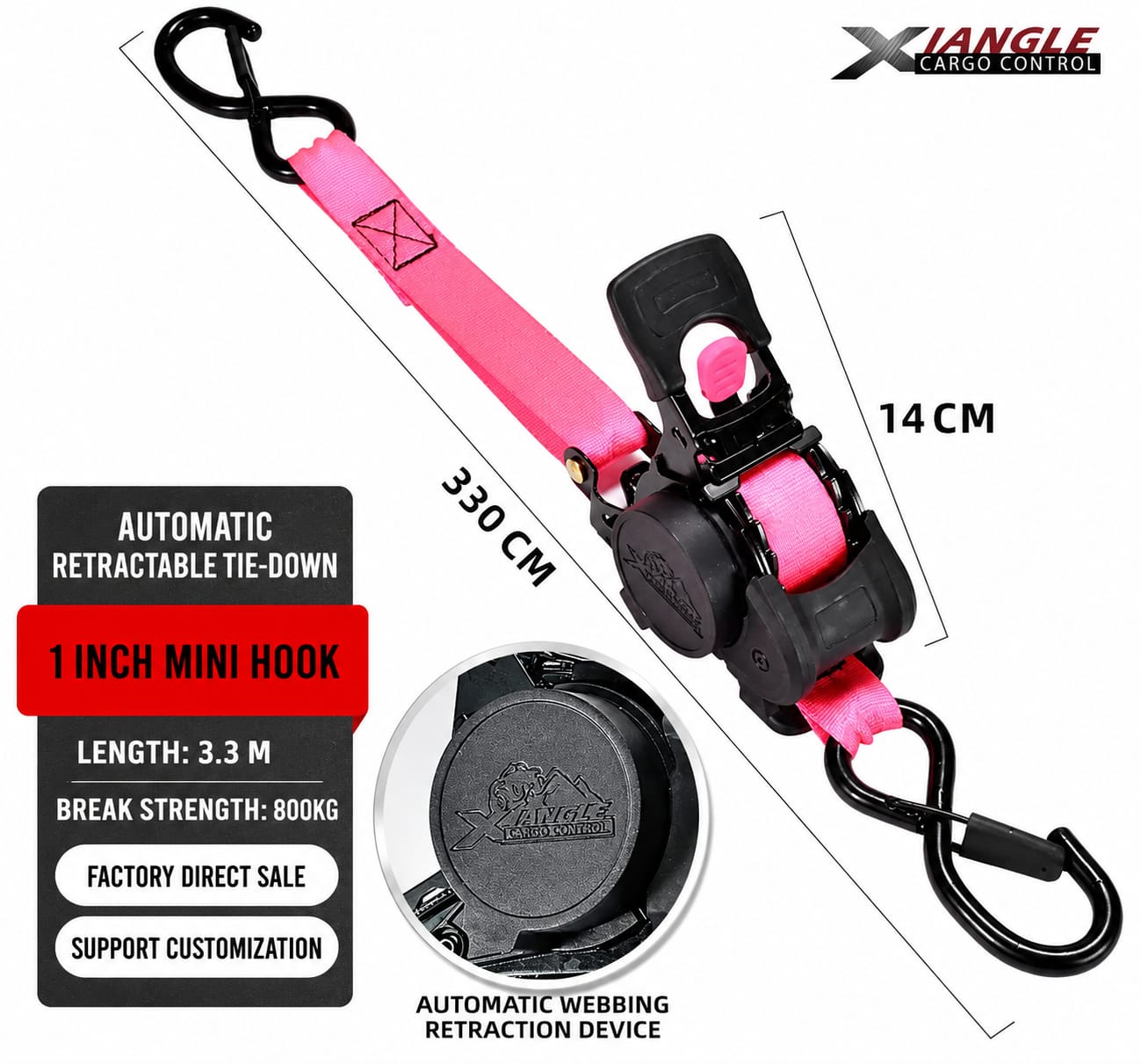 3.3M Automatic Retractable Ratchet Tie Down Straps – 800KG Heavy Duty Cargo Lashing Strap with Double S-Hooks for Motorcycle, ATV, Bicycle & Truck Cargo
