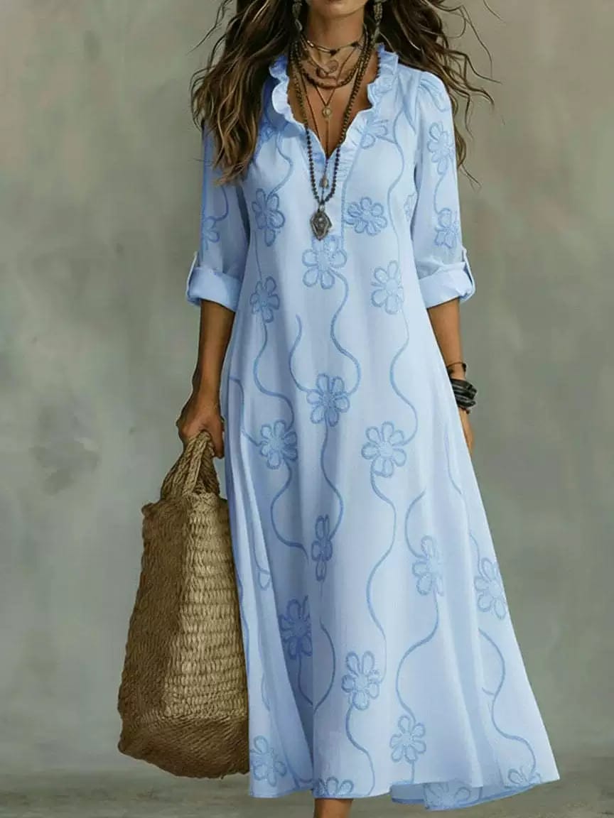 Elegant Floral Embroidered Boho Maxi Dress for Women