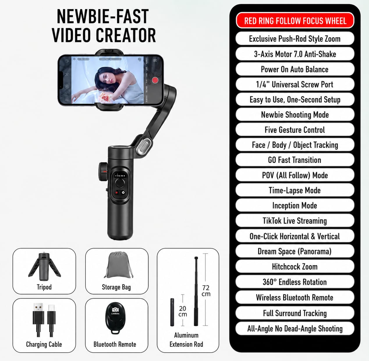 AI 3-Axis Smartphone Gimbal Stabilizer with Auto Face Tracking, Extension Pole & Tripod