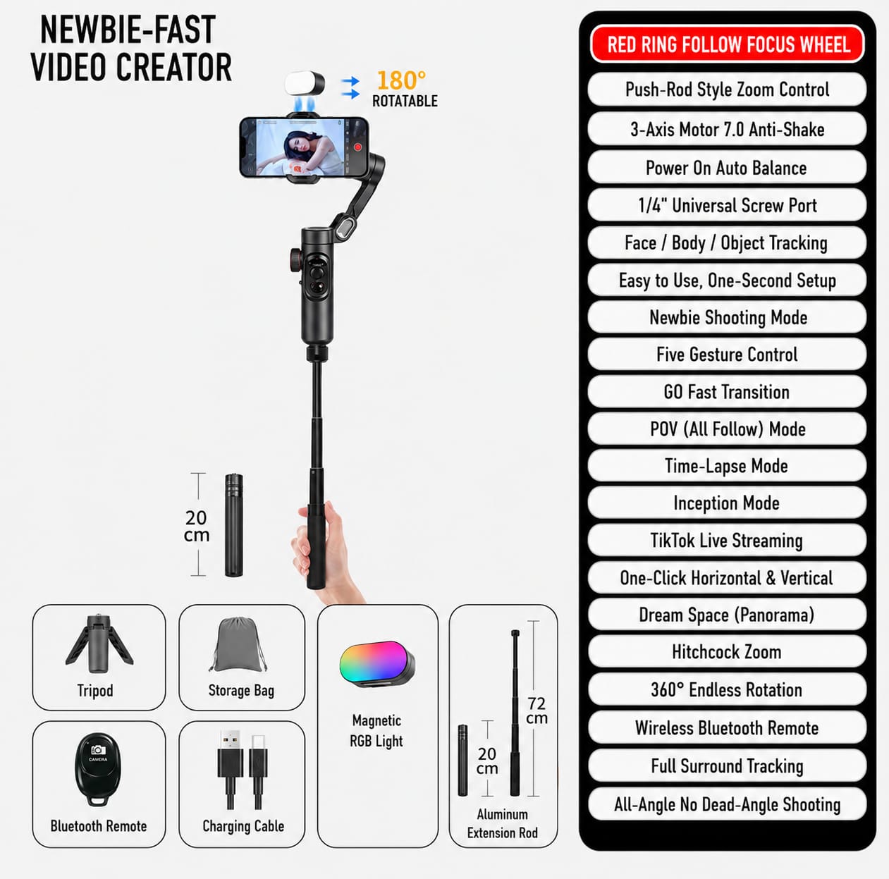 AI 3-Axis Smartphone Gimbal Stabilizer with Auto Face Tracking, Extension Pole & Tripod