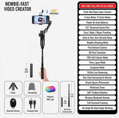 AI 3-Axis Smartphone Gimbal Stabilizer with Auto Face Tracking, Extension Pole & Tripod