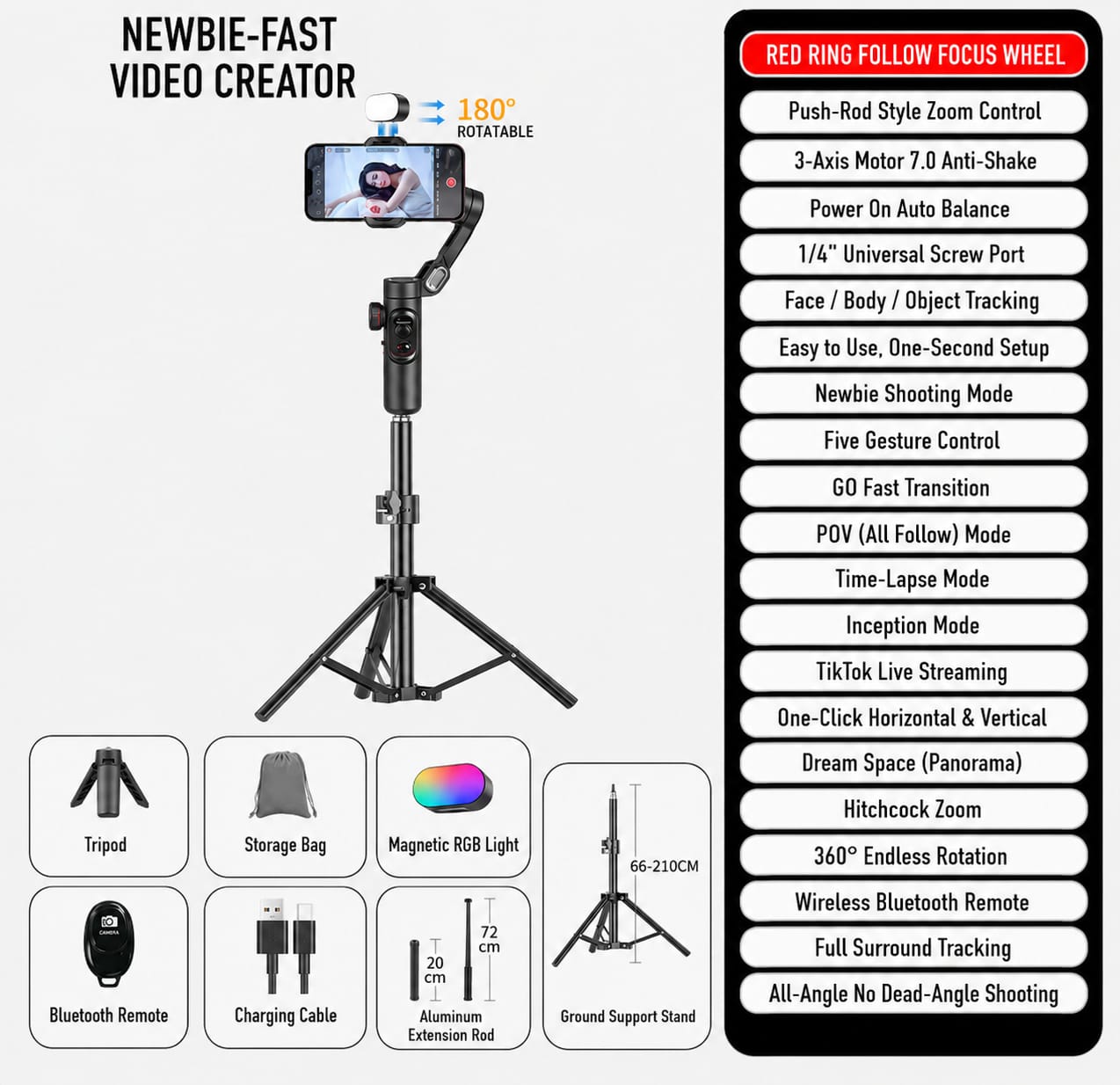 AI 3-Axis Smartphone Gimbal Stabilizer with Auto Face Tracking, Extension Pole & Tripod