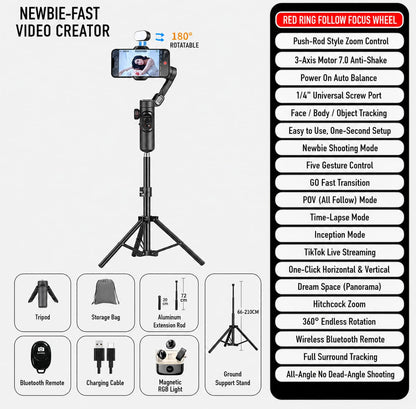 AI 3-Axis Smartphone Gimbal Stabilizer with Auto Face Tracking, Extension Pole & Tripod