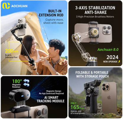 AI 3-Axis Smartphone Gimbal Stabilizer with Auto Face Tracking, Extension Pole & Tripod