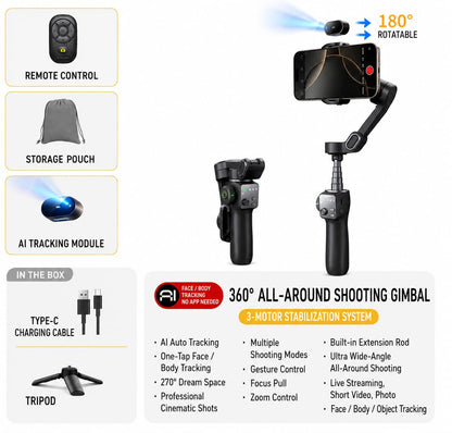 AI 3-Axis Smartphone Gimbal Stabilizer with Auto Face Tracking, Extension Pole & Tripod