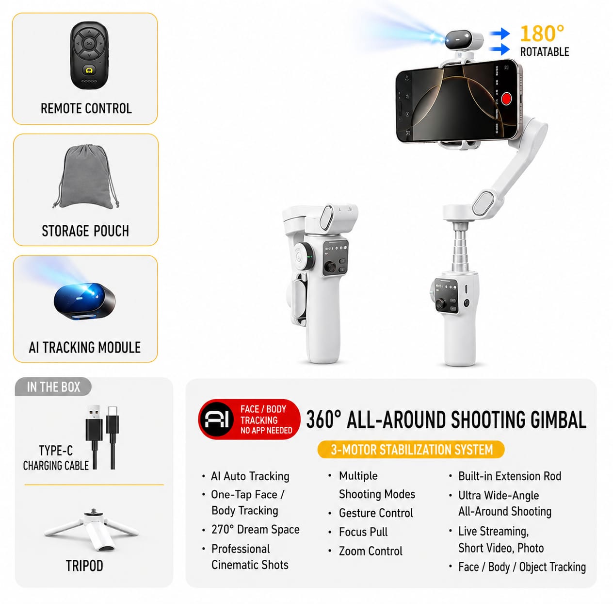 AI 3-Axis Smartphone Gimbal Stabilizer with Auto Face Tracking, Extension Pole & Tripod