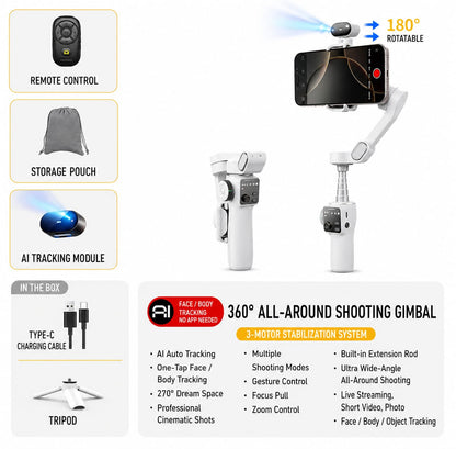 AI 3-Axis Smartphone Gimbal Stabilizer with Auto Face Tracking, Extension Pole & Tripod
