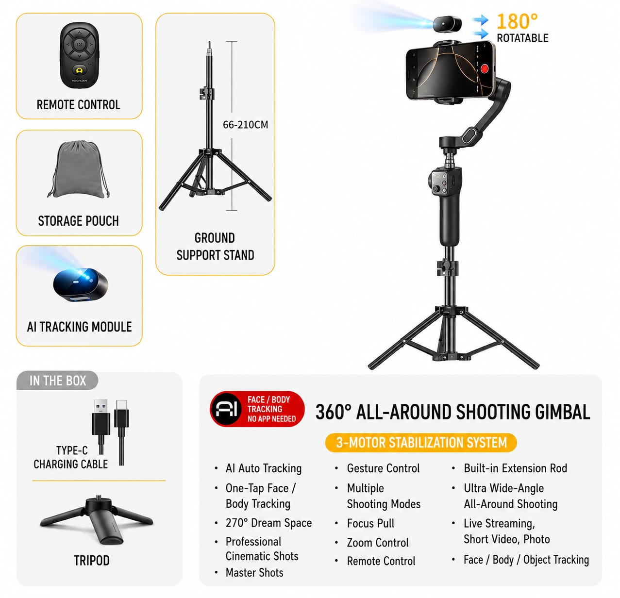 AI 3-Axis Smartphone Gimbal Stabilizer with Auto Face Tracking, Extension Pole & Tripod