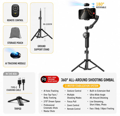 AI 3-Axis Smartphone Gimbal Stabilizer with Auto Face Tracking, Extension Pole & Tripod