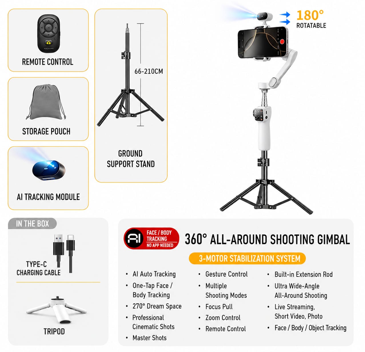AI 3-Axis Smartphone Gimbal Stabilizer with Auto Face Tracking, Extension Pole & Tripod