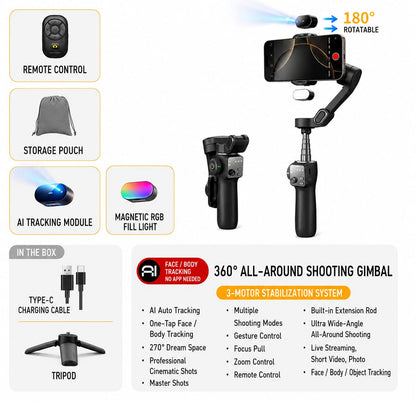 AI 3-Axis Smartphone Gimbal Stabilizer with Auto Face Tracking, Extension Pole & Tripod
