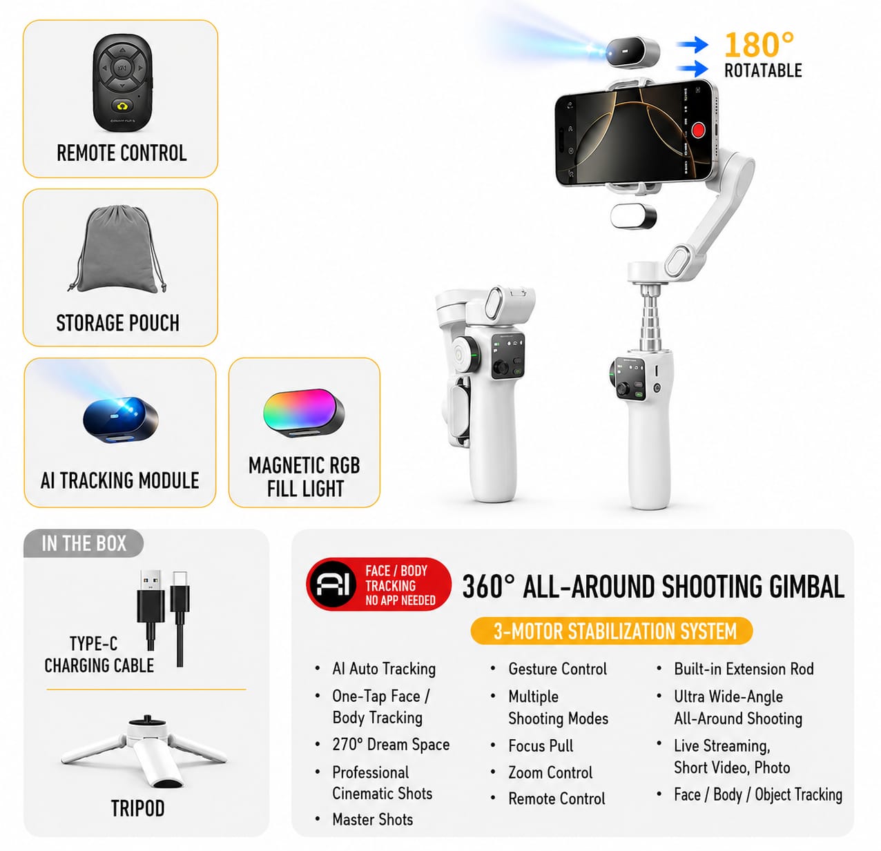 AI 3-Axis Smartphone Gimbal Stabilizer with Auto Face Tracking, Extension Pole & Tripod