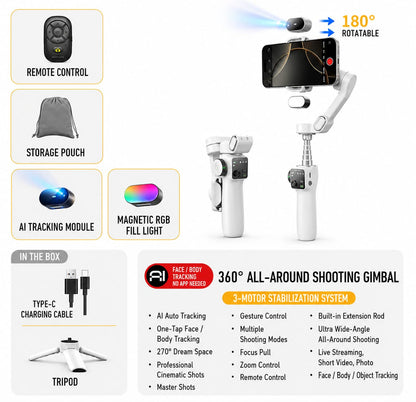 AI 3-Axis Smartphone Gimbal Stabilizer with Auto Face Tracking, Extension Pole & Tripod
