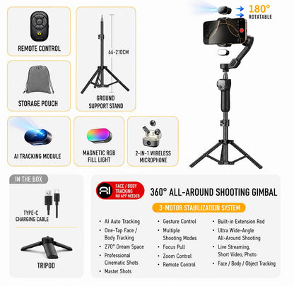 AI 3-Axis Smartphone Gimbal Stabilizer with Auto Face Tracking, Extension Pole & Tripod