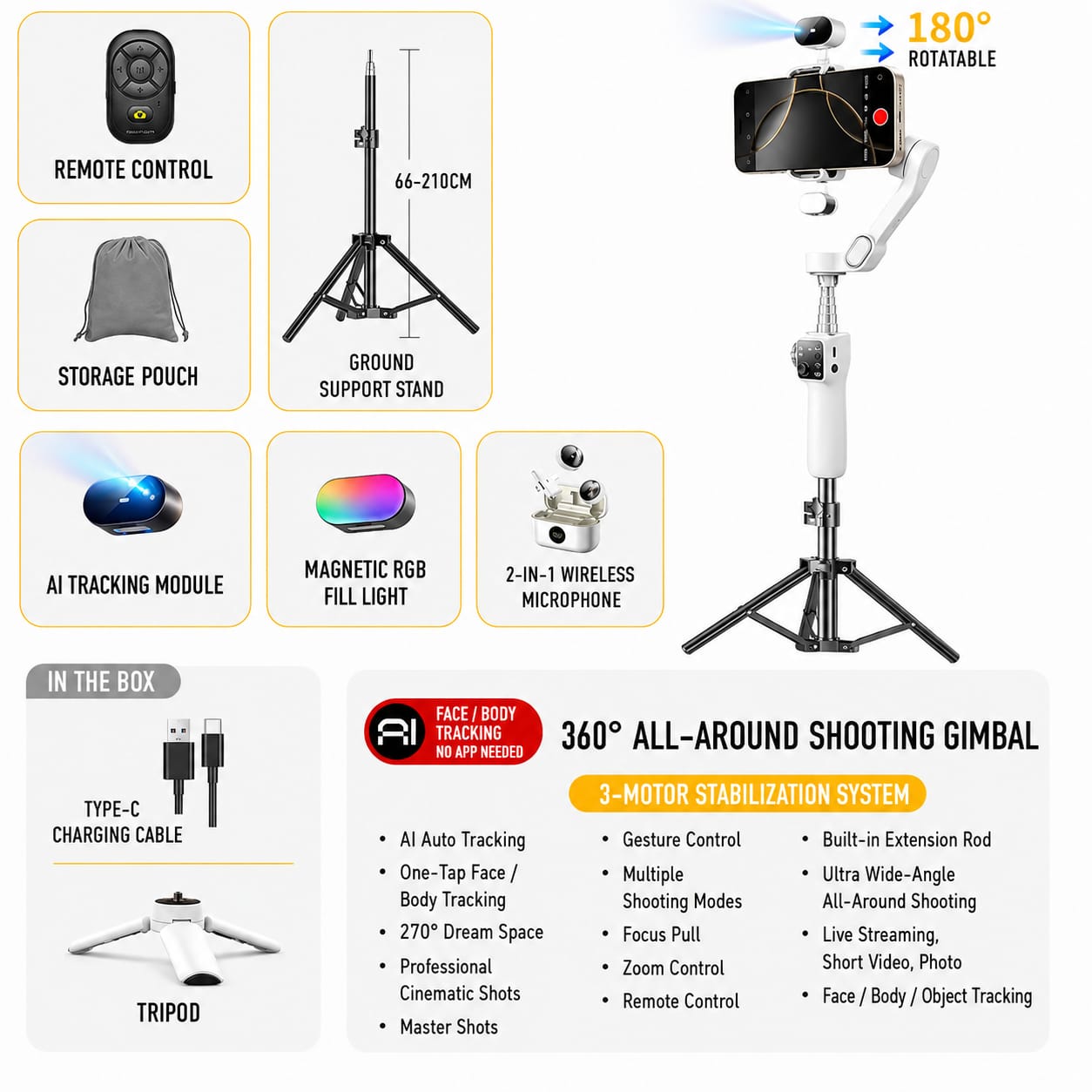 AI 3-Axis Smartphone Gimbal Stabilizer with Auto Face Tracking, Extension Pole & Tripod
