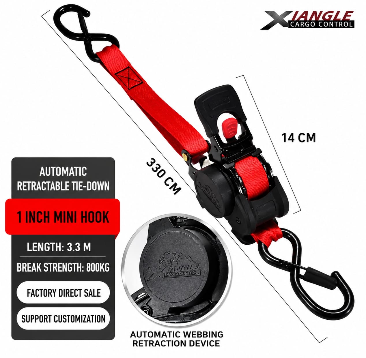 3.3M Automatic Retractable Ratchet Tie Down Straps – 800KG Heavy Duty Cargo Lashing Strap with Double S-Hooks for Motorcycle, ATV, Bicycle & Truck Cargo