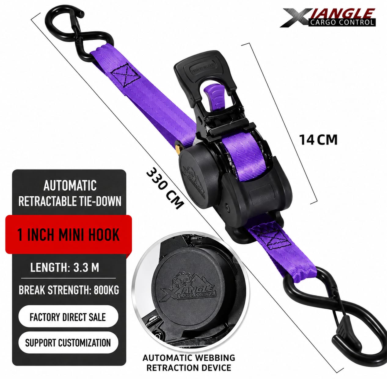 3.3M Automatic Retractable Ratchet Tie Down Straps – 800KG Heavy Duty Cargo Lashing Strap with Double S-Hooks for Motorcycle, ATV, Bicycle & Truck Cargo
