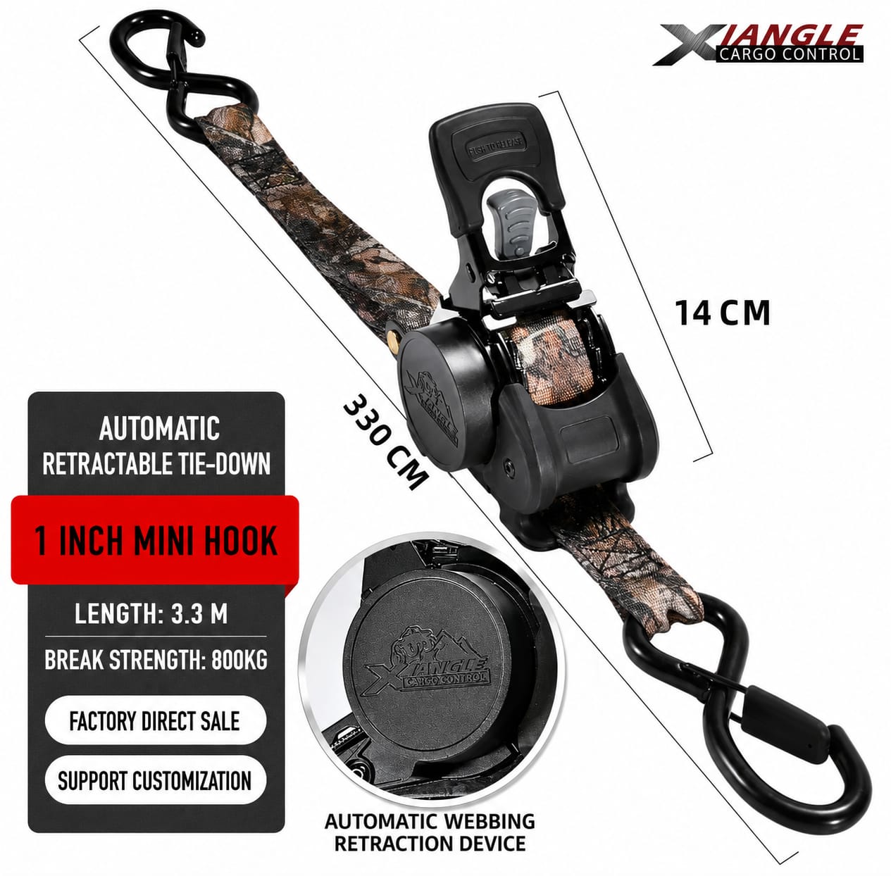 3.3M Automatic Retractable Ratchet Tie Down Straps – 800KG Heavy Duty Cargo Lashing Strap with Double S-Hooks for Motorcycle, ATV, Bicycle & Truck Cargo