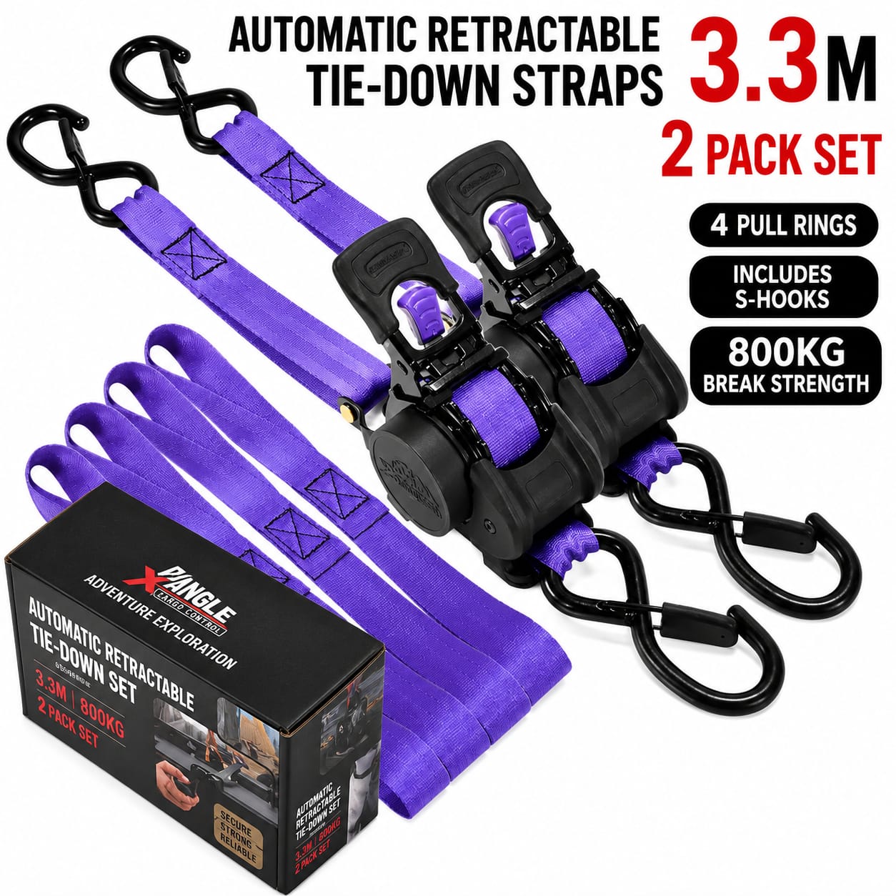 3.3M Automatic Retractable Ratchet Tie Down Straps – 800KG Heavy Duty Cargo Lashing Strap with Double S-Hooks for Motorcycle, ATV, Bicycle & Truck Cargo