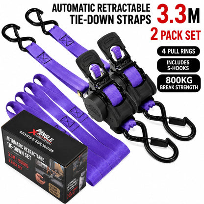 3.3M Automatic Retractable Ratchet Tie Down Straps – 800KG Heavy Duty Cargo Lashing Strap with Double S-Hooks for Motorcycle, ATV, Bicycle & Truck Cargo