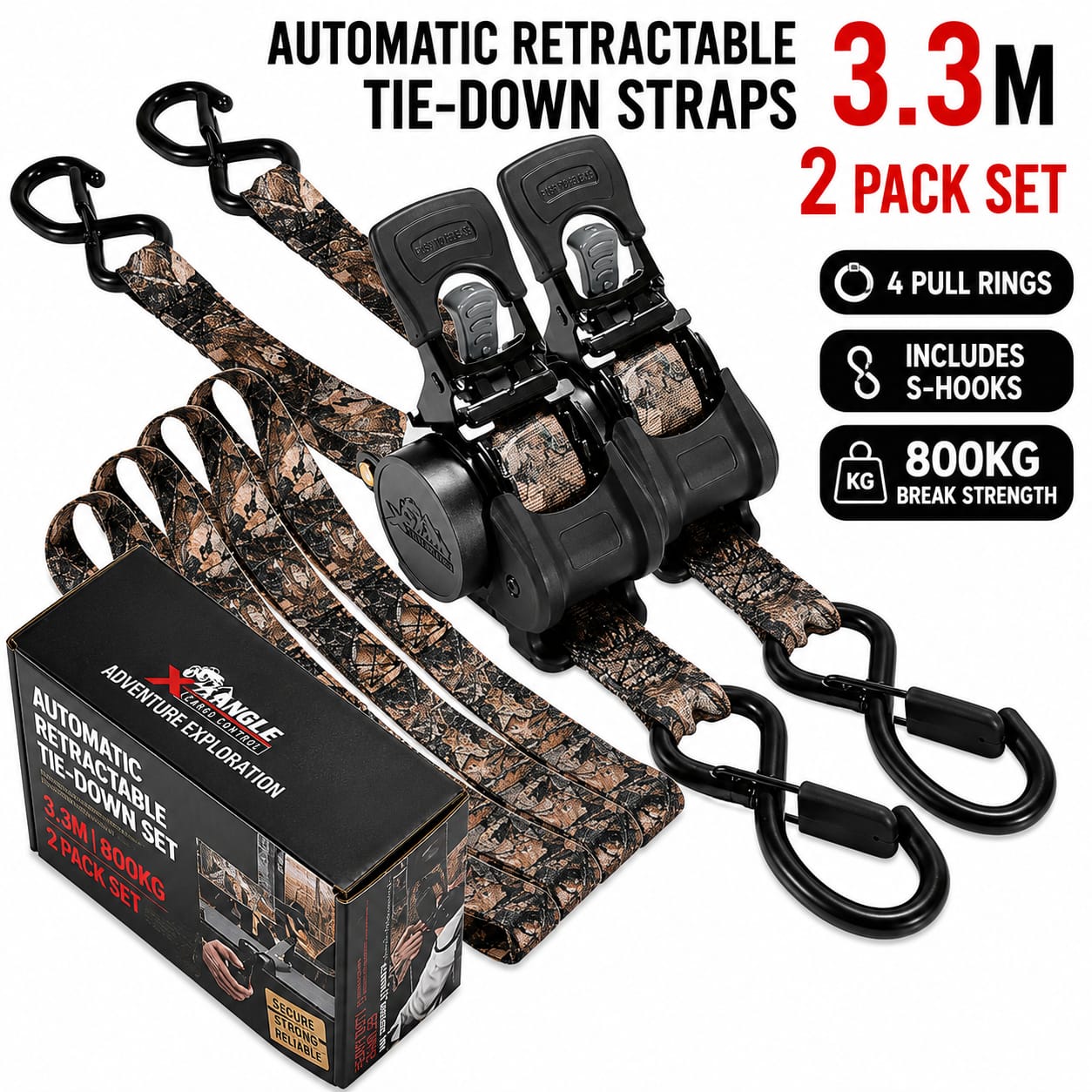 3.3M Automatic Retractable Ratchet Tie Down Straps – 800KG Heavy Duty Cargo Lashing Strap with Double S-Hooks for Motorcycle, ATV, Bicycle & Truck Cargo