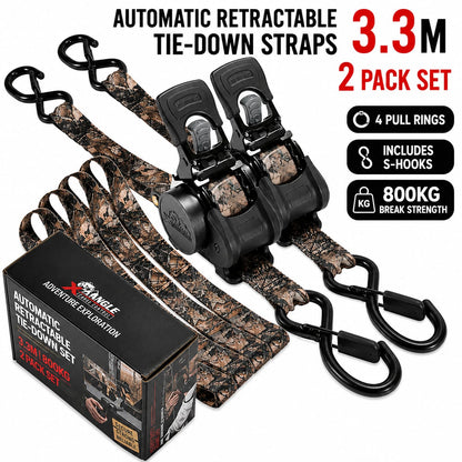 3.3M Automatic Retractable Ratchet Tie Down Straps – 800KG Heavy Duty Cargo Lashing Strap with Double S-Hooks for Motorcycle, ATV, Bicycle & Truck Cargo