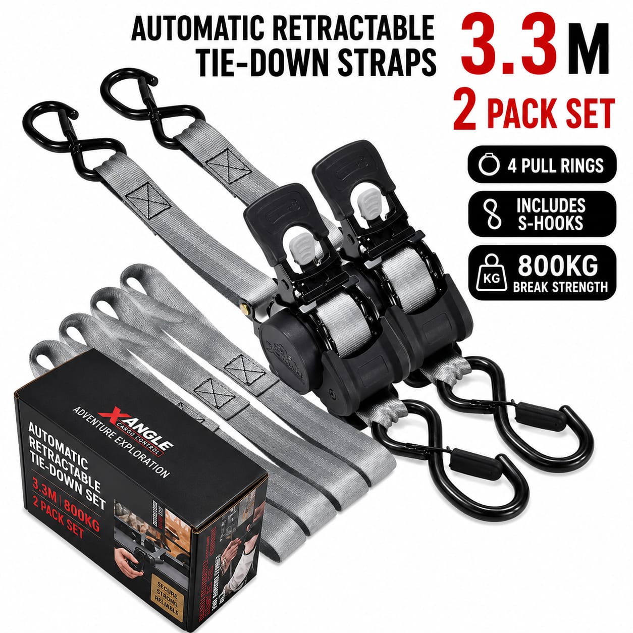 3.3M Automatic Retractable Ratchet Tie Down Straps – 800KG Heavy Duty Cargo Lashing Strap with Double S-Hooks for Motorcycle, ATV, Bicycle & Truck Cargo