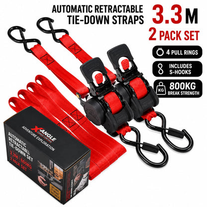 3.3M Automatic Retractable Ratchet Tie Down Straps – 800KG Heavy Duty Cargo Lashing Strap with Double S-Hooks for Motorcycle, ATV, Bicycle & Truck Cargo